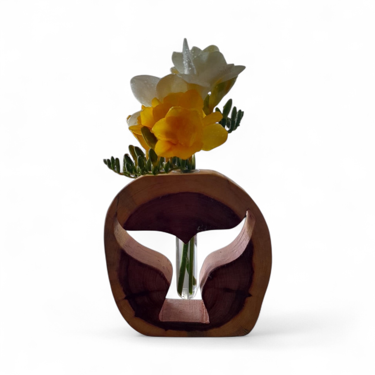 Whale tail wood vase with flower